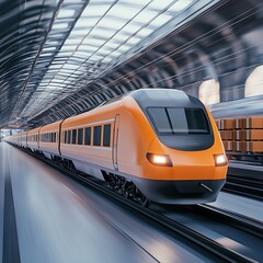 Fototapeta premium delivery tracking time-sensitive A sleek orange train moves through a modern, well-lit station with a futuristic design.