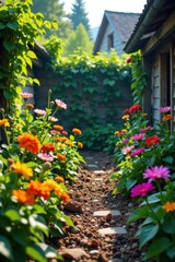 Fototapeta premium Messy garden with blooming flowers and dead plants, dead plants, nature chaos