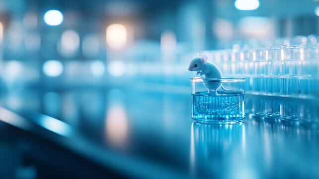 A laboratory mouse in a test tube surrounded by glass vials.