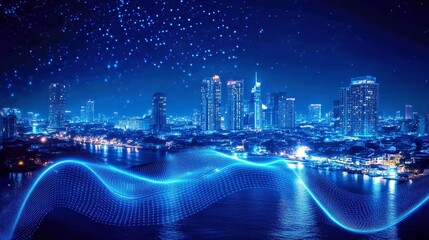 Vibrant city skyline at night, illuminated buildings with blue light trails, modern urban ambiance, perfect for tech themes.