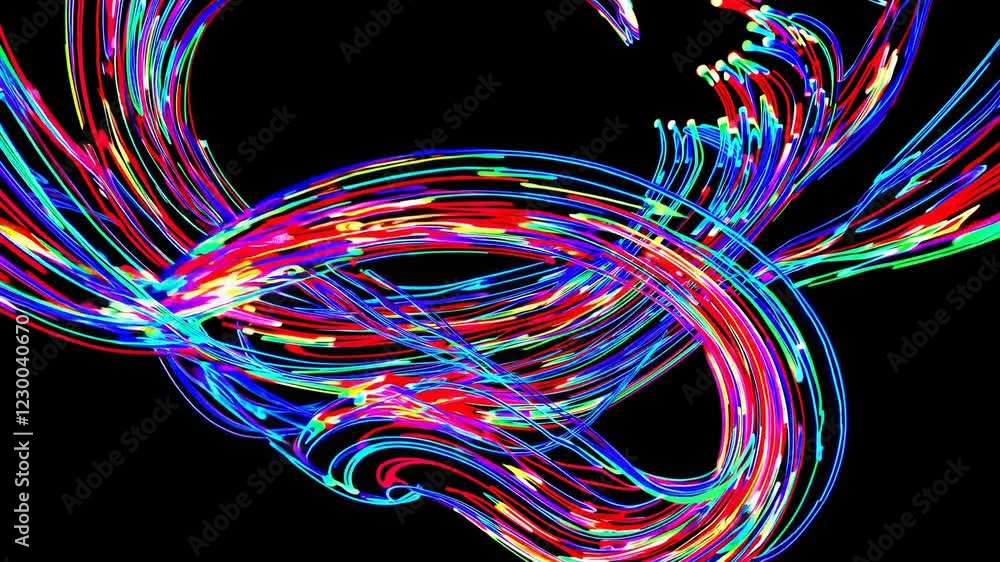 Poster colorful lines intertwine and swirl, creating a dynamic and vibrant abstract design against a stark 