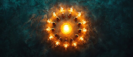 Fototapeta premium Circular arrangement of yellow light bulbs on dark textured background, large central bulb surrounded by smaller ones, vibrant contrast, cinematic lighting