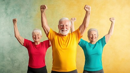 Fototapeta premium Vibrant seniors engaging in dynamic fitness class, colorful outfits, joyful atmosphere, promoting health and active lifestyles