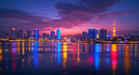 Fototapeta premium Twilight cityscape with colorful lights reflecting on water