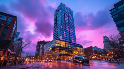 Obraz premium A striking skyscraper illuminated at dusk, showcasing vibrant purple and pink skies, reflecting the modern cityscape with glowing lights.