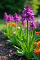 Fritillaria persica flowers in a garden border with other perennials, colorful gardens, purple, persica