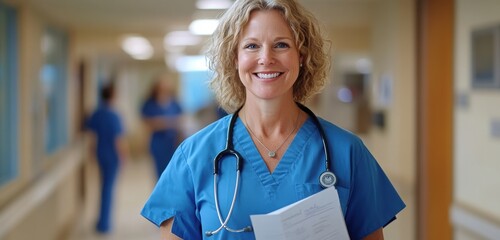 Smiling female caucasian nurse in hospital corridor holding patient chart