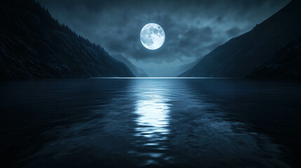 Fototapeta premium Serene Moonlit Lake Nestled Among Shadowy Mountains Under Dramatic Night Sky