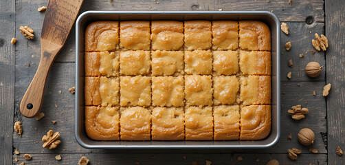 Golden-brown Baked Dessert in a Rectangular Pan with Scattered Walnuts on a Rustic Wooden Surface