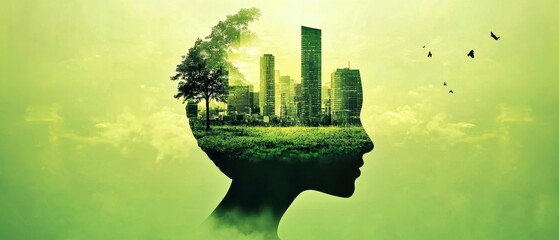 Creative abstract representation of sustainability, silhouette of a human head with green cityscape and nature integration.
