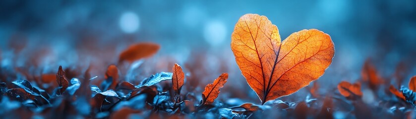 Illuminated heart shape glowing bright, vivid orange leaves in focus, set against deep blue foliage, dynamic contrast, surreal harmony, ultrahigh detail