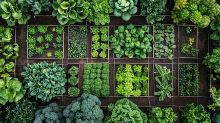 Aerial view of a vibrant vegetable garden showcasing various greens and herbs in organized plots
