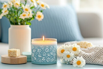 cozy scene featuring blue candle, fresh flowers, and soft textiles creates warm and inviting atmosphere. combination of colors and textures evokes sense of tranquility and comfort