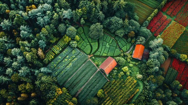 Aerial view of vibrant agricultural fields and forested landscape with houses in autumn