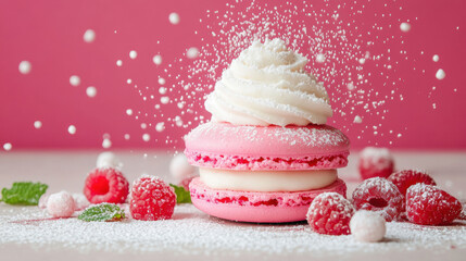 A macro shot of a pink raspberry macaron showcasing vibrant colors and textures, perfect for dessert and confectionery visuals.