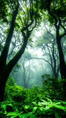 Obraz premium Misty rainforest path, lush foliage, tranquility