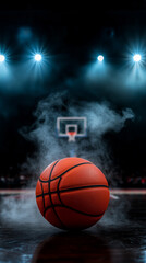 Obraz premium A vibrant basketball in smoke with a hoop in the background.