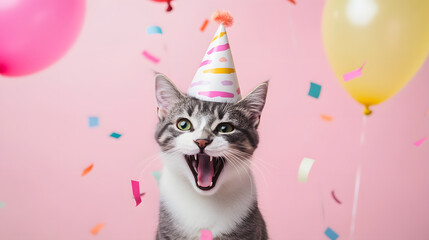 Happy, smiling cat in a birthday hat, celebrating with confetti and balloons on a pink background
