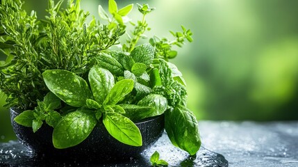 Dewy Herbs in Spring Garden, vibrant greens glistening with morning dew, symbolizing freshness and the healing essence of nature's remedies