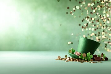 St. patrick's day celebration with leprechaun hat and pot of gold coins.