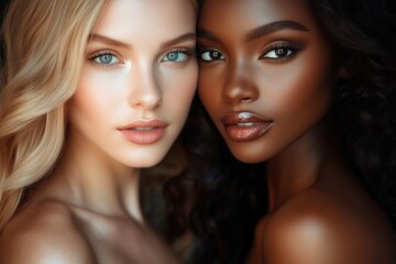 Fototapeta premium Two women with different skin tones and hair textures posing closely together, showcasing beauty and diversity.