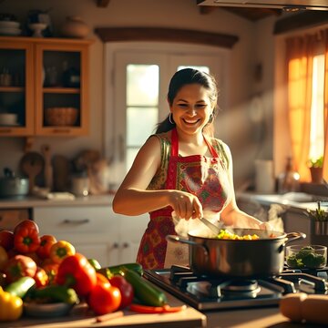 una mujer hispana cocinando en la cocina