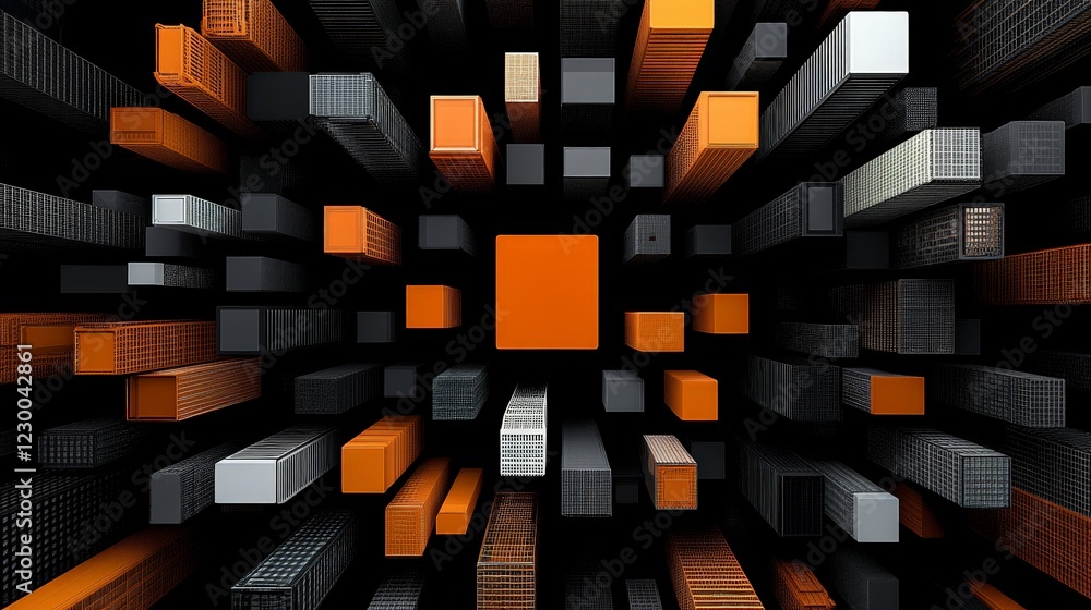 Poster abstract 3d cityscape: a mesmerizing digital rendering of a cityscape composed of vibrant orange and