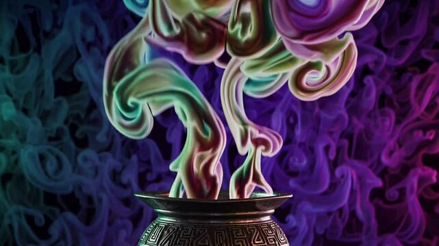 Colorful smoke is rising from a decorated cauldron, creating a magical and mysterious atmosphere against a dark backdrop, perfect for fantasy or halloween themes