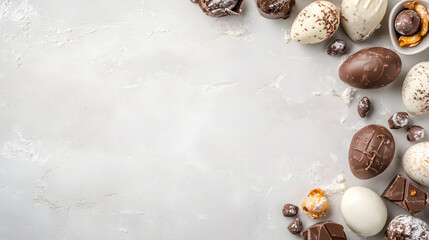 Obraz premium Delicious chocolate eggs and other confectionery on a light background with copy space