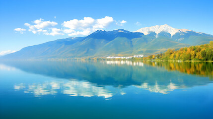 Naklejka premium Calm lake reflecting autumn mountains