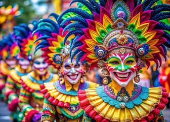 Naklejka premium Colorful Masks, Bacolod Masskara Festival Street Dance Parade, Bokeh Background, Copy Space