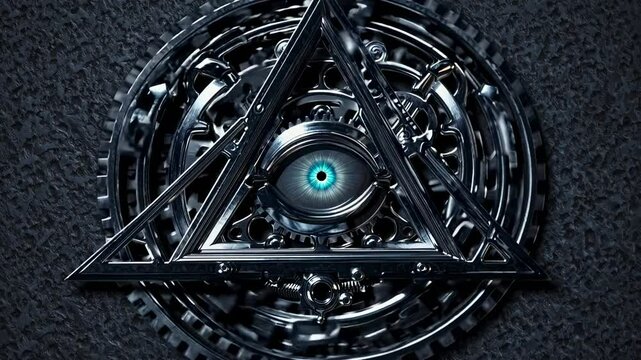 Metallic gears rotating around an all-seeing eye nestled within a triangle, forming a striking symbol of surveillance, control, and hidden power in a mysterious realm