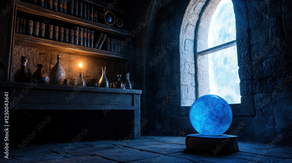Poster enchanting study of wizards with ancient shelves and mystical objects for fantasy themes