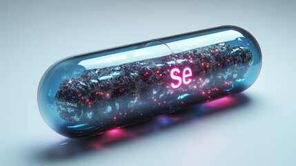 Futuristic dark blue capsule with transparent sections, glowing molecules inside, and 'Se' text on the surface, representing science, technology, and health, featuring selenium.