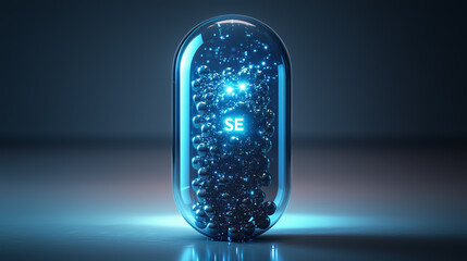Futuristic dark blue capsule with transparent sections, glowing molecules inside, and 'Se' text on the surface, representing science, technology, and health, featuring selenium.
