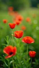Obraz premium Row of red poppy flowers in a lush green meadow, blooms, poppies