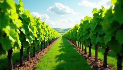 Naklejka premium Rows of lush green grapevines stretching into the horizon, plants, vineyard landscape, grapes