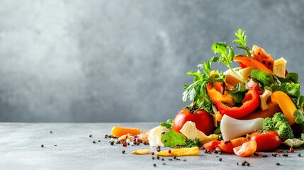 Eco-friendly composting setup with vibrant vegetable scraps on a sleek kitchen counter, promoting sustainable cooking practices