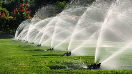 Automatic sprinklers watering a lush green lawn with blooming flowers in the background