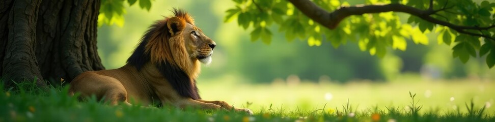 Fototapeta premium Serene lioness with dark mane curls up under leafy oak canopy, wildlife, canopy, serene