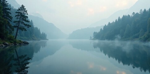 Mysterious foggy mist rises from a serene lake, atmosphere, serene, nature