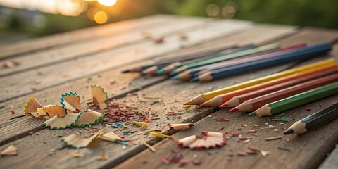 Colorful Pencils & Sharpening Shavings on Rustic Wooden Table - Long Exposure Stock Photo