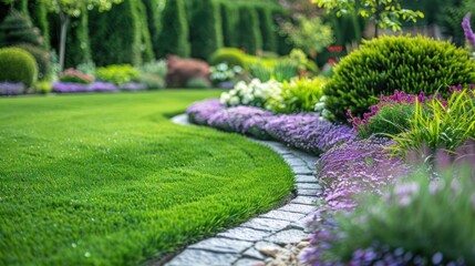 Lush garden pathway winding through vibrant flowers and manicured lawns in a serene setting