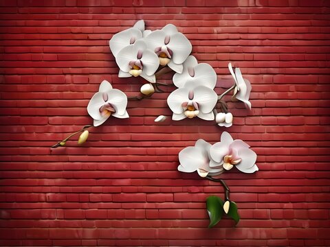 Orchid Flower on Red Brick wall texture. Generative AI  - Powered by Adobe