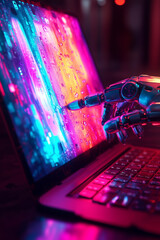 a laptop with a colorful screen, on a dark background, with a robot hand pointing to the center