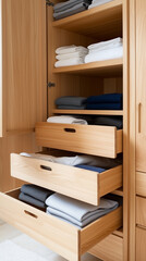 Modern wardrobe with open drawer holding t-shirts and pants