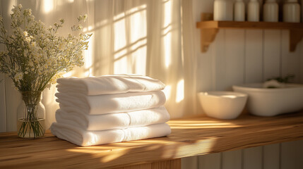a neatly folded stack of white towels placed on a wooden shelf in the bathroom
