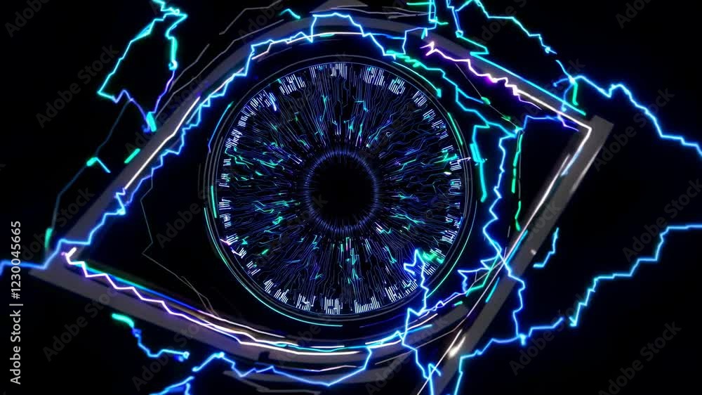 Poster futuristic round circuit board with glowing blue and green lines representing data flowing and light