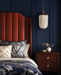 Minimalist bedroom with an ornate headboard, wall sconces, and a nightstand in red wood