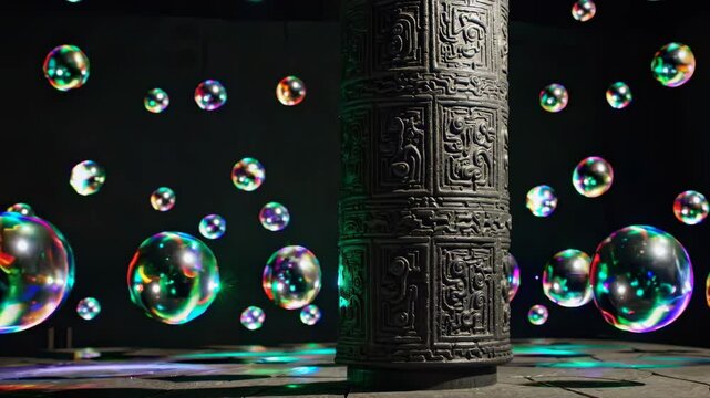 Large, colorful soap bubbles float around a mayan stele in a dark room illuminated by colorful lights, creating a magical and surreal atmosphere